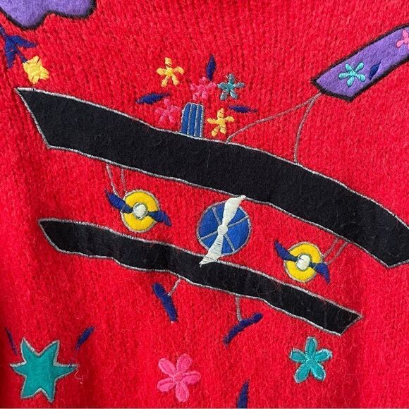 Vintage 80s 1980s Rafael Acrylic Mohair Biplane Airplane Novelty  Sweater M - Picture 4 of 10